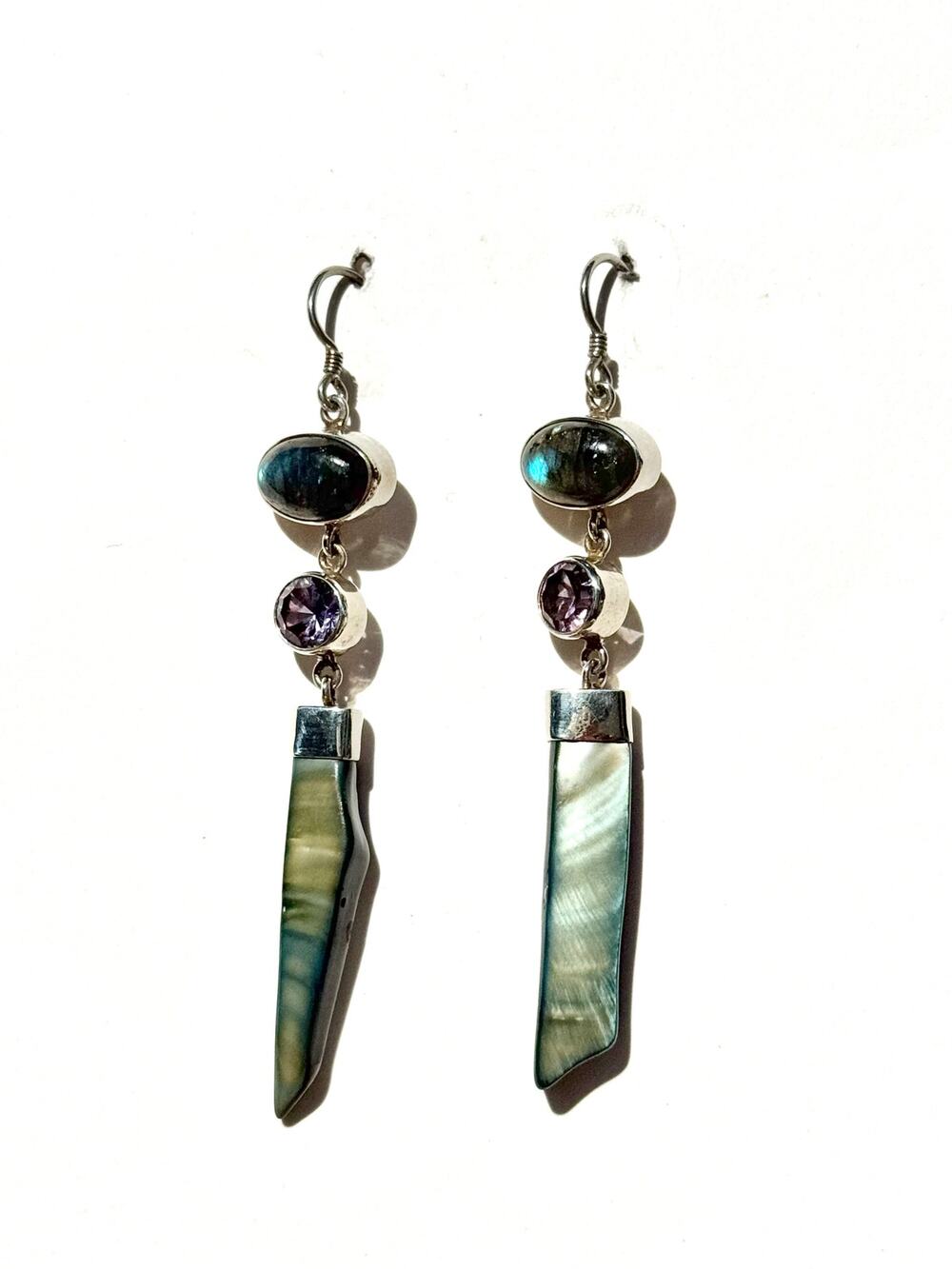 Labradorite Lab Alexandrite Abalone Sterling 925 Silver Handmade Earrings 3 inch